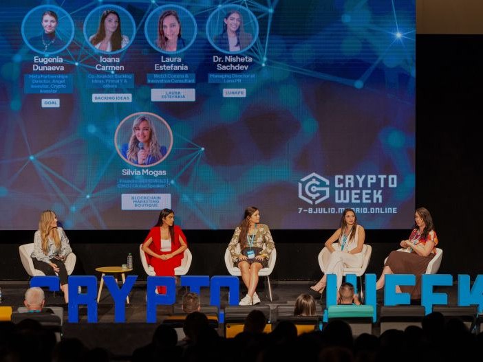 Eugenia Dunaeva on a panel at Crypto Week Madrid Summit 2023